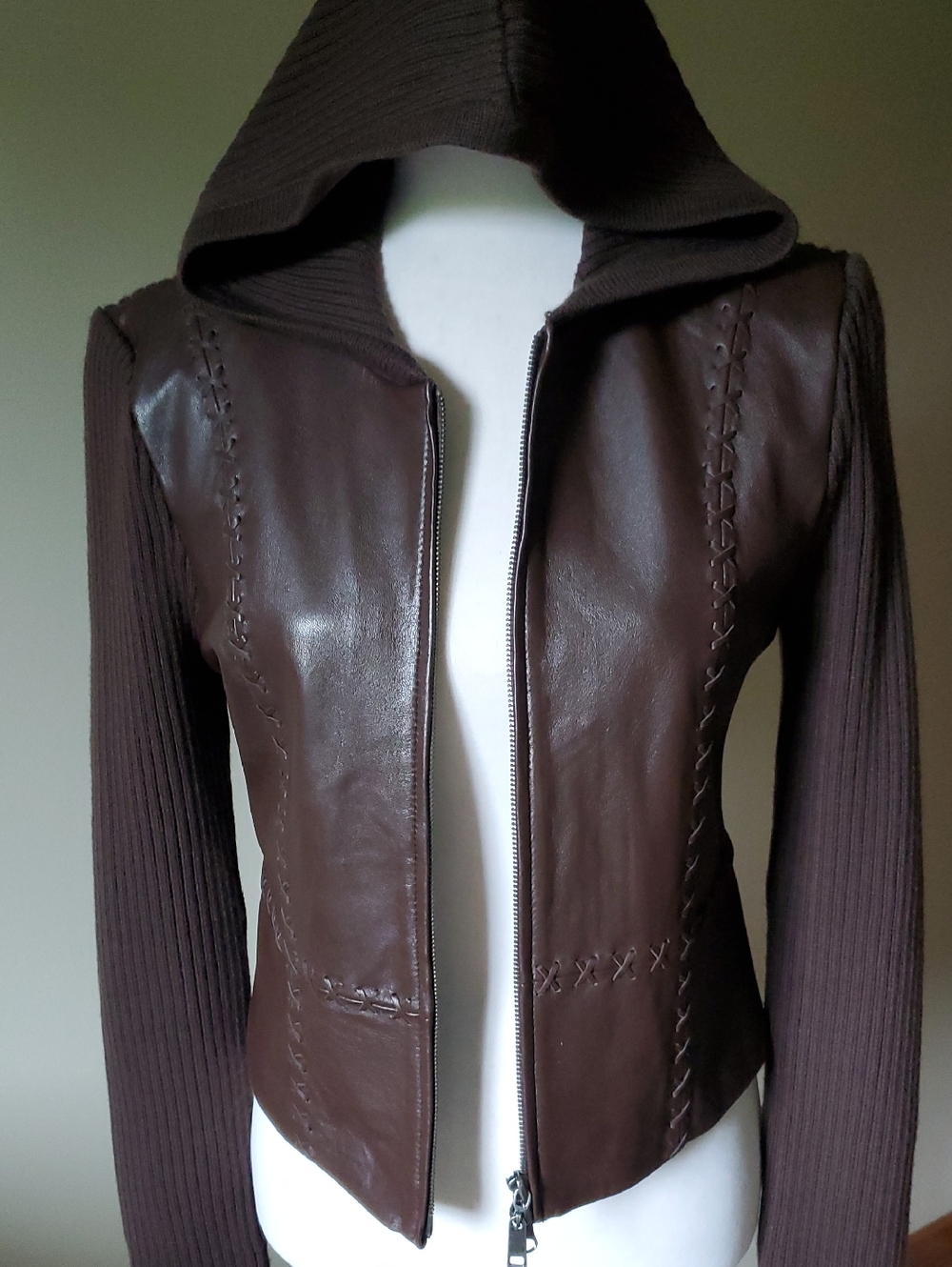 Chocolate Brown Leather Hooded Zip Jacket with Knit Sleeves